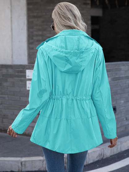 Drawstring Zip Up Waterproof Hooded Trench Coat