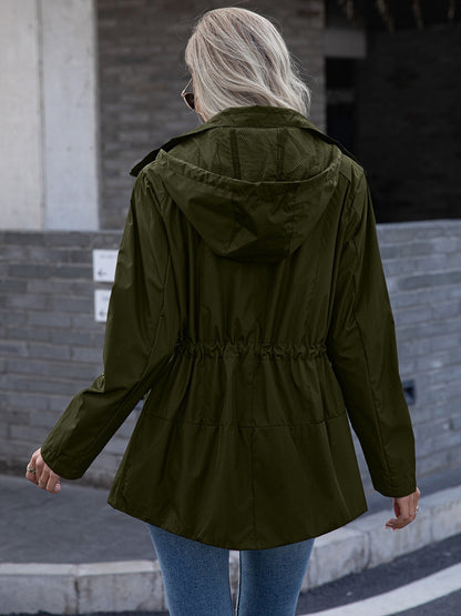 Drawstring Zip Up Waterproof Hooded Trench Coat