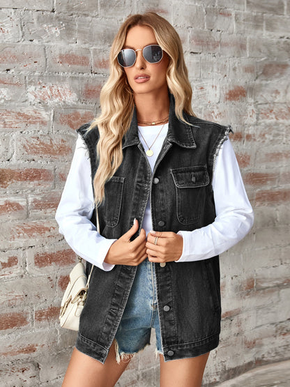 Raw Hem Sleeveless Button Up Denim Jacket