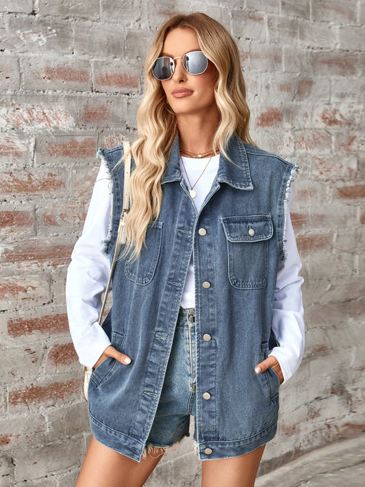 Raw Hem Sleeveless Button Up Denim Jacket