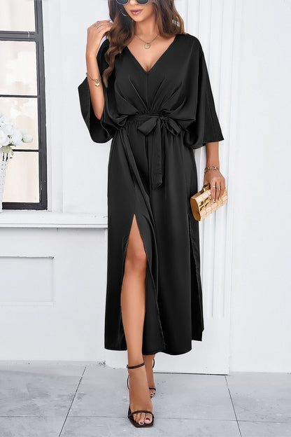 Slit Tied V-Neck Three-Quarter Sleeve Dress